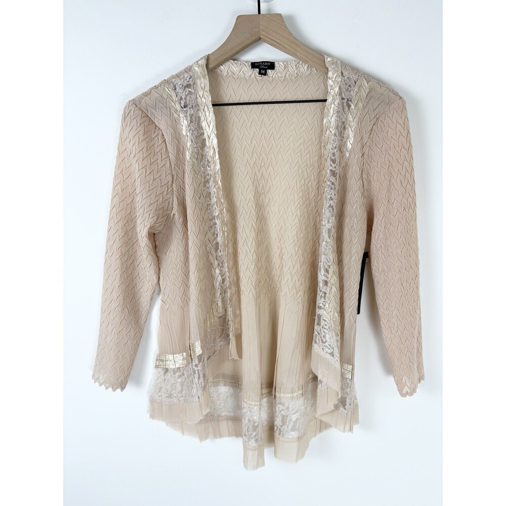 Komarov Waterfall Open Cardigan (Sz M) Beige Lightweight Textured Chiffon & Lace